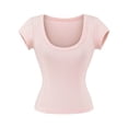 thumbnail image 4 of KHONTS Women's Short Sleeve T-Shirts Low Scoop Neck Slim Fitted Ribbed Knit Casual Crop Tops Pink M, 4 of 5