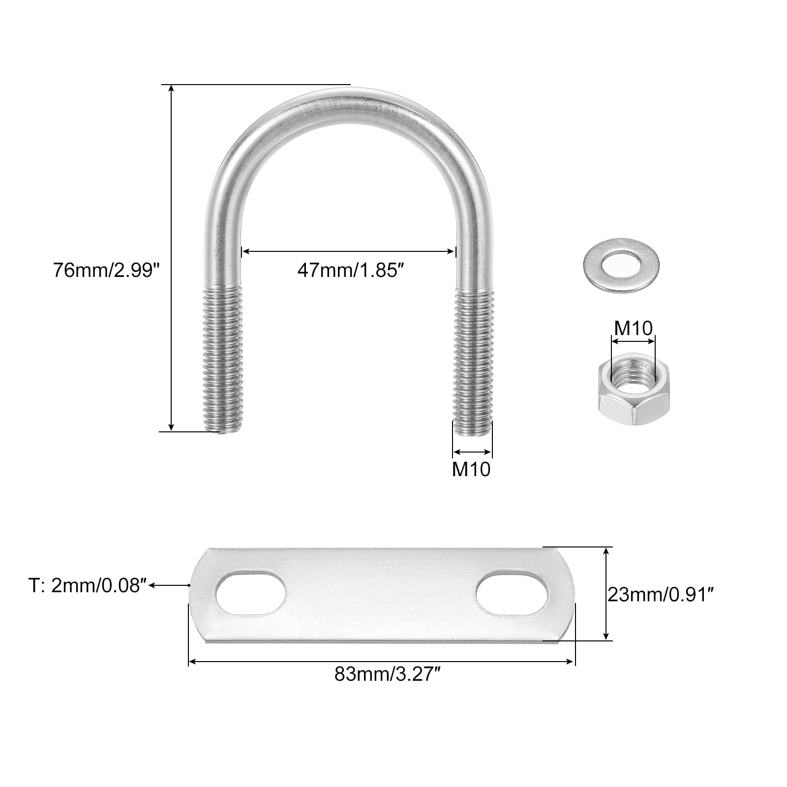 Round U-Bolts, 4 Sets 45mm(1.77") Inner Width 76mm Length M10 304 Stainless Steel U Clamp Bolt with Nuts and Plates