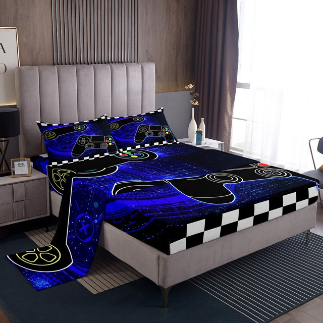 Erosebridal Cartoon Gamepad King Sheet Sets, Gaming Game Bedding King Size, Checkered Flag Decor 4pcs