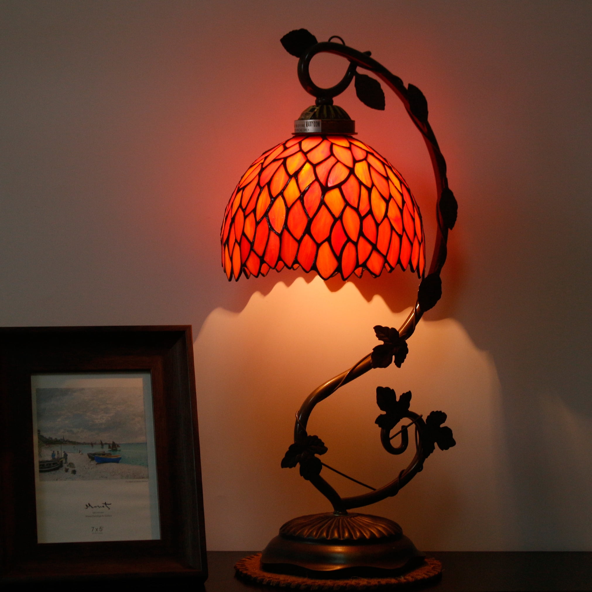 Tiffany Lamp Bedside Lamp, Stained Glass Table Lamp, Thin Antique Banker Reading Desk Light Red Wisteria Style 21" Tall Industrial Rustic Metal Leaf Base, Memory Sympathy WERFACTORY LED Bulb Included