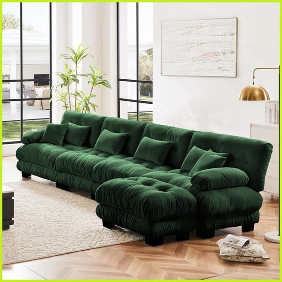 Green Chenille Modular L-Shaped Sectional Sofa – 4-Seater Comfy Cloud Couch with Convertible Ottoman for Living Room