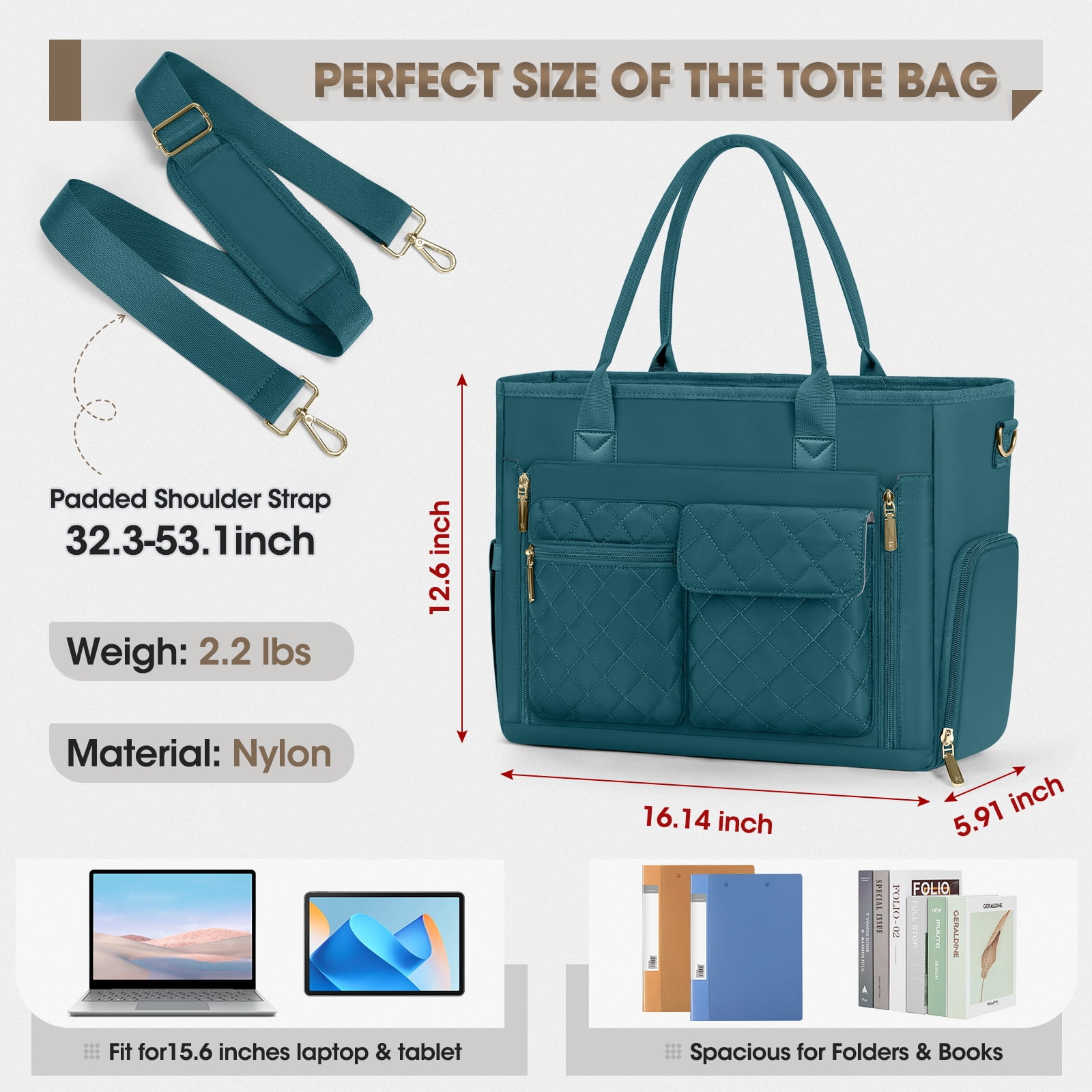 RAINSMORE Teacher Tote Bag with Insulated Lunch Compartment Lightweight 15.6 inch Laptop Bag for Women Work Bags Nurse Tote Bags,Green