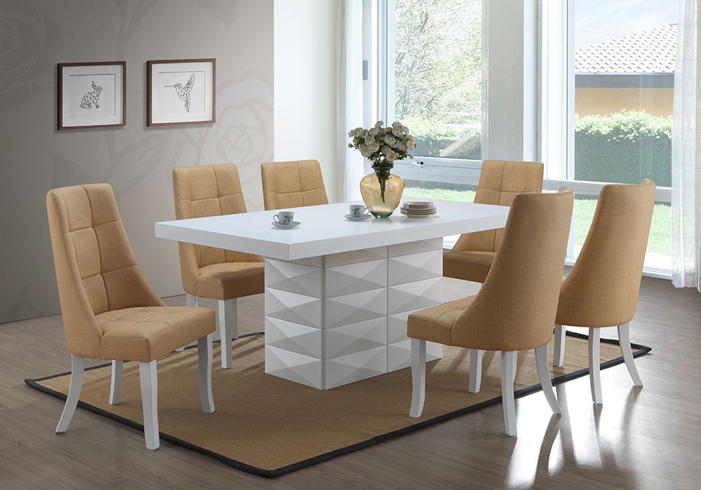 Lexie 7 Piece Dining Set White Wood, Yellow Parsons Dining Chair