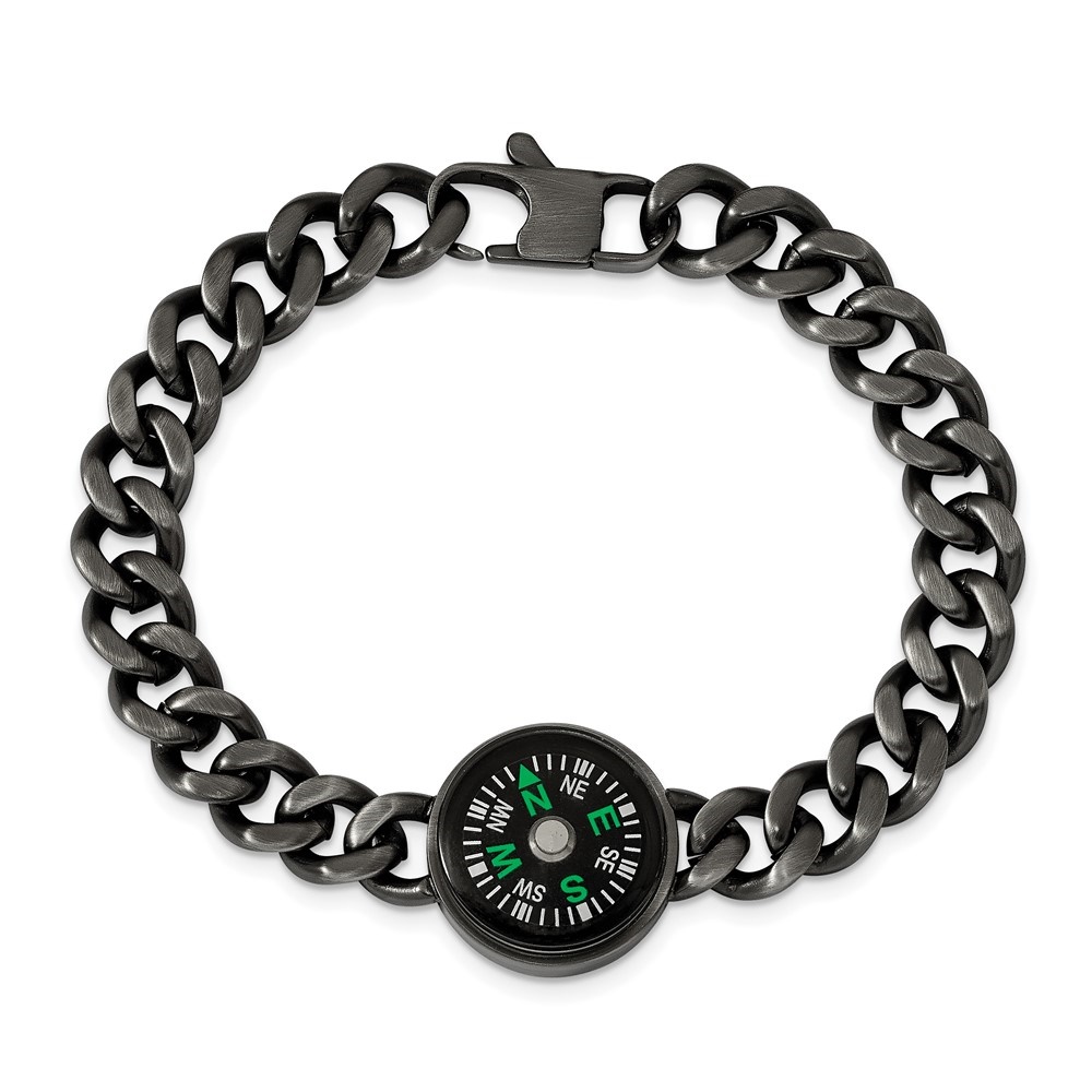 Diamond2Deal Stainless Steel Brushed Gun Metal IP-Plated with Functional Compass Bracelet for Men 8.25"