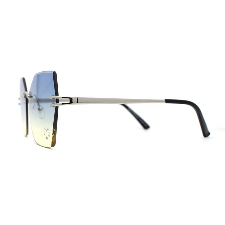 Womens Rhinestone Heart Lens Bling Rimless Butterfly Chic Sunglasses Silver Blue Yellow