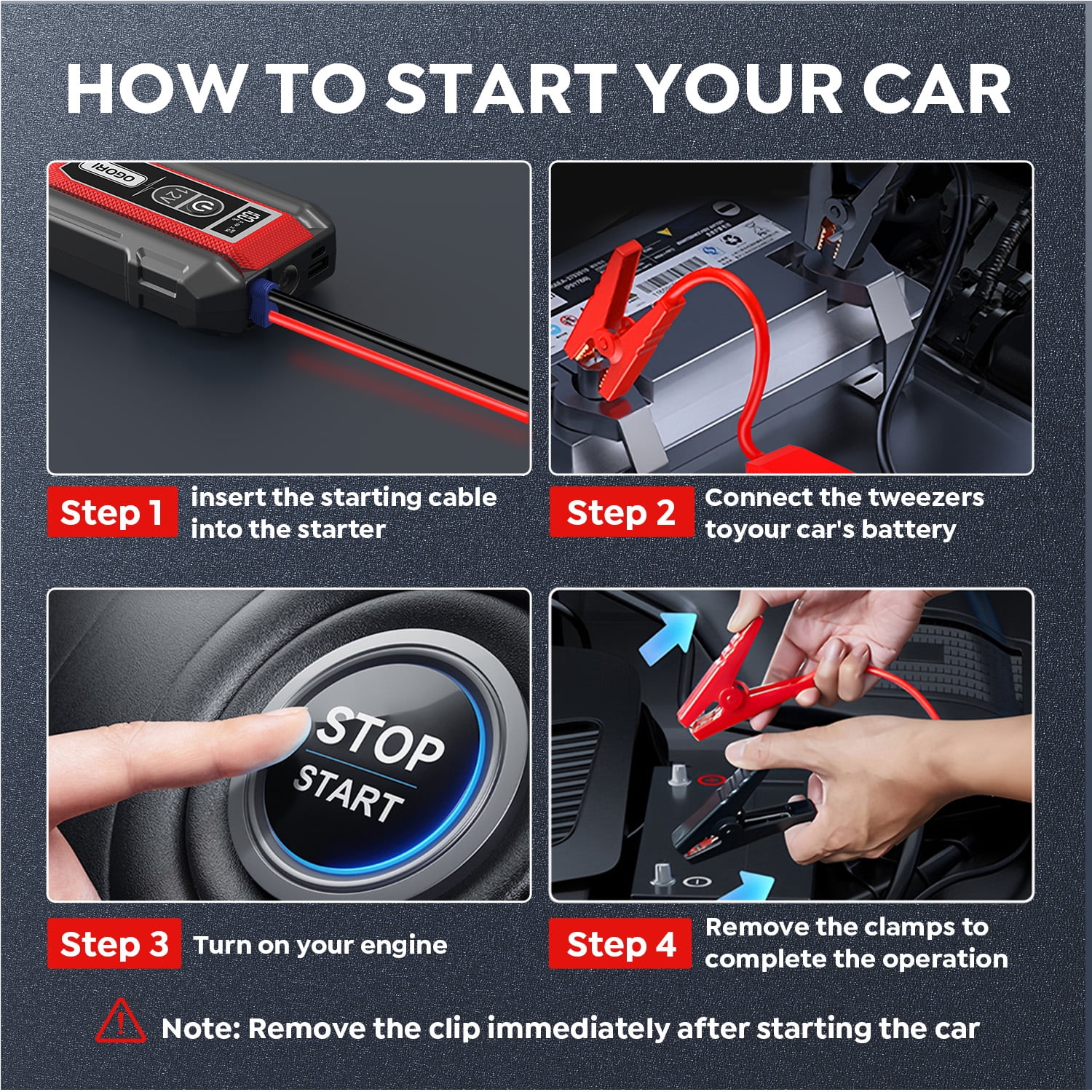 OGORI Car Jump Starter Portable, 8000A Peak 12V Battery Jump Starter with Jumper Cables &  LED Light, Car Battery Booster Charger Power Pack, Jump Box, up to 10.0L Gas/8.0L Diesel