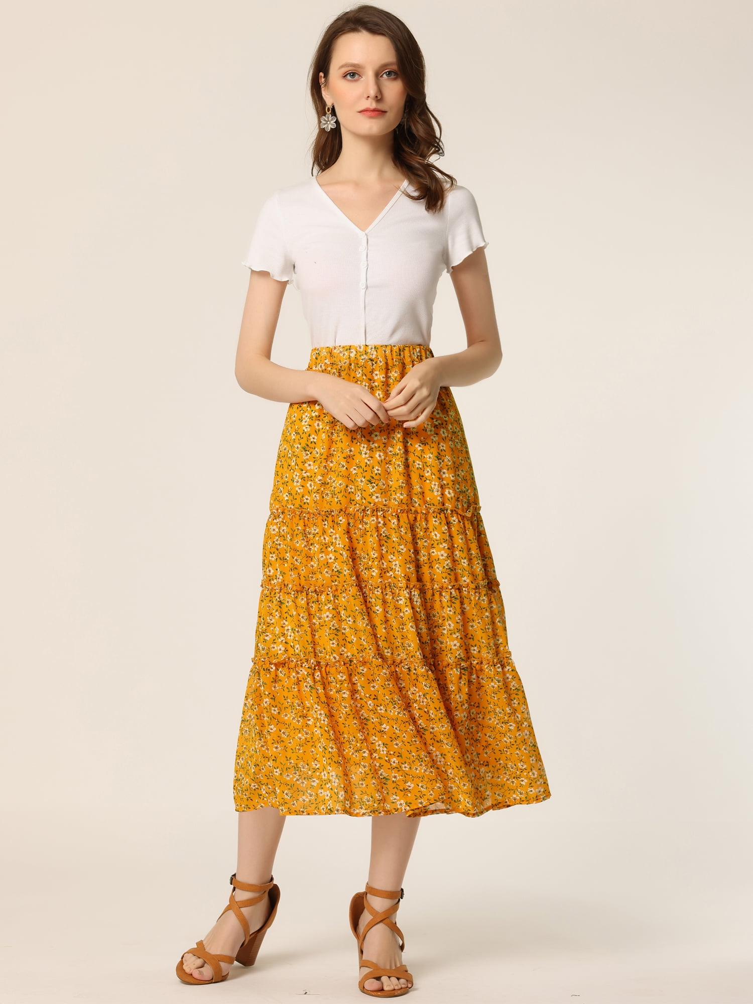 DARING DIVA Women's Chiffon Tiered A-Line Maxi Skirt XS Ginger