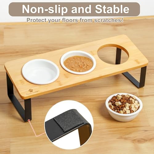 Raised Cat Food Water Bowl Elevated Tilted Kitty Dishes Set of 3 Ceramic Dish for Indoor Cats Orthopedic Pet Food Stand Reduces Vomiting 3 Bowl Cat Feeder Easy Assembly(Wood Color)