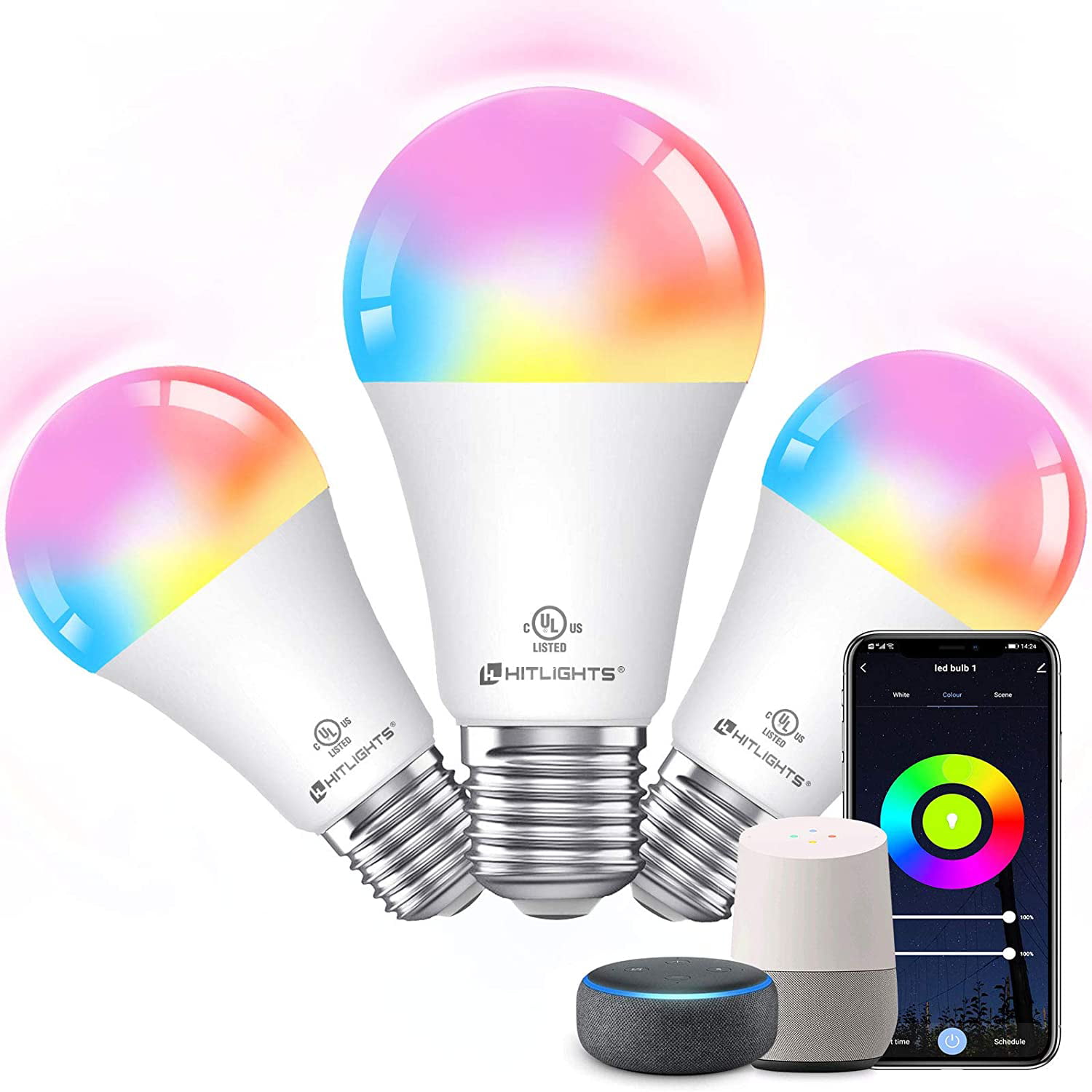 YHW Smart Light Bulb,UL Listed,WiFi+Bluetooth,Work with Alexa,Google No Need Hub ,7W E26 A19 Color Change Light Bulb,Dimmable RGB+Warm+White for Bedroom,Party-4 Pack 