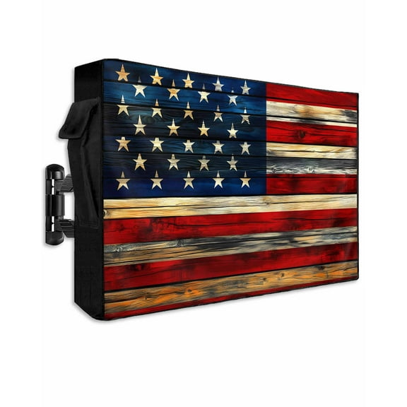 Retro American Flag Outdoor TV Cover 48 to 50 Inch Weatherproof, Blue Red USA Flag Vintage Wood 600D Oxford TV Covers with Waterproof Zipper, Outside Flat TV Screen Protector Size 48"W x 30"H x 4.5"D