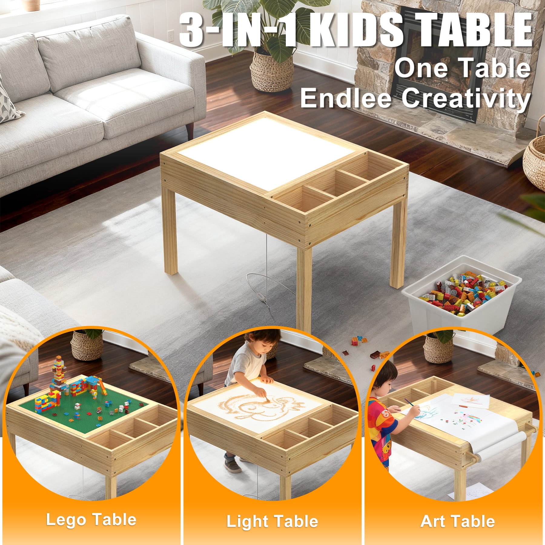 GDLF Light Table for Kids, 3-in-1 Kids Activity Table with Storage, LED Sensory, Building Brick & Art Table with Paper Roll Holder for Ages 3+