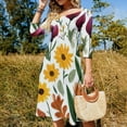 thumbnail image 4 of Painted Autumn Floral Bouquet Design Women's 3/4 Sleeve Dresses Elegant A-Line Midi Dress Flare Summer Casual Sundress, 4 of 9