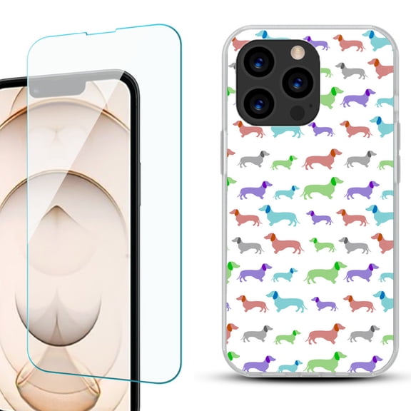 Slim-Fit Anti-Scratch Gel TPU Phone Case for iPhone 13 Pro, with Tempered Glass Screen Protector, by OneToughShield ® - Colorful Dachshund/Puppy