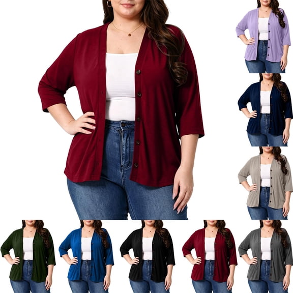 BUIGTTKLOP Plus Size Cardigans for Women Button down 3/4 Length Sleeve V Neck Comfy Lightweight Jackets
