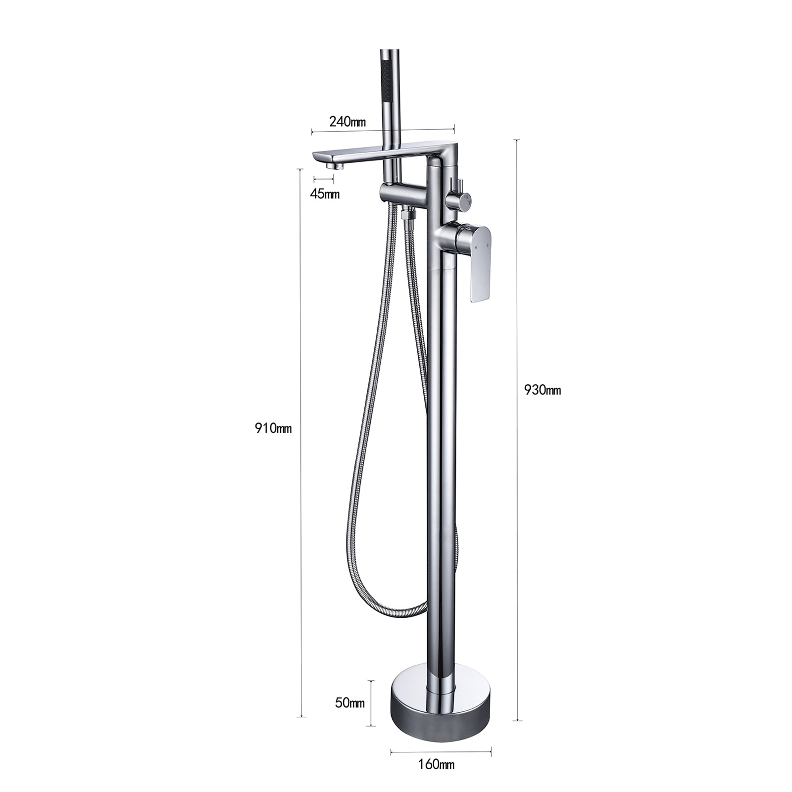 Dawot Floor Mount Bathtub Faucet, 2 Function Brass Chrome Bathroom Freestanding Tub Filler Single Handle with Hand Shower