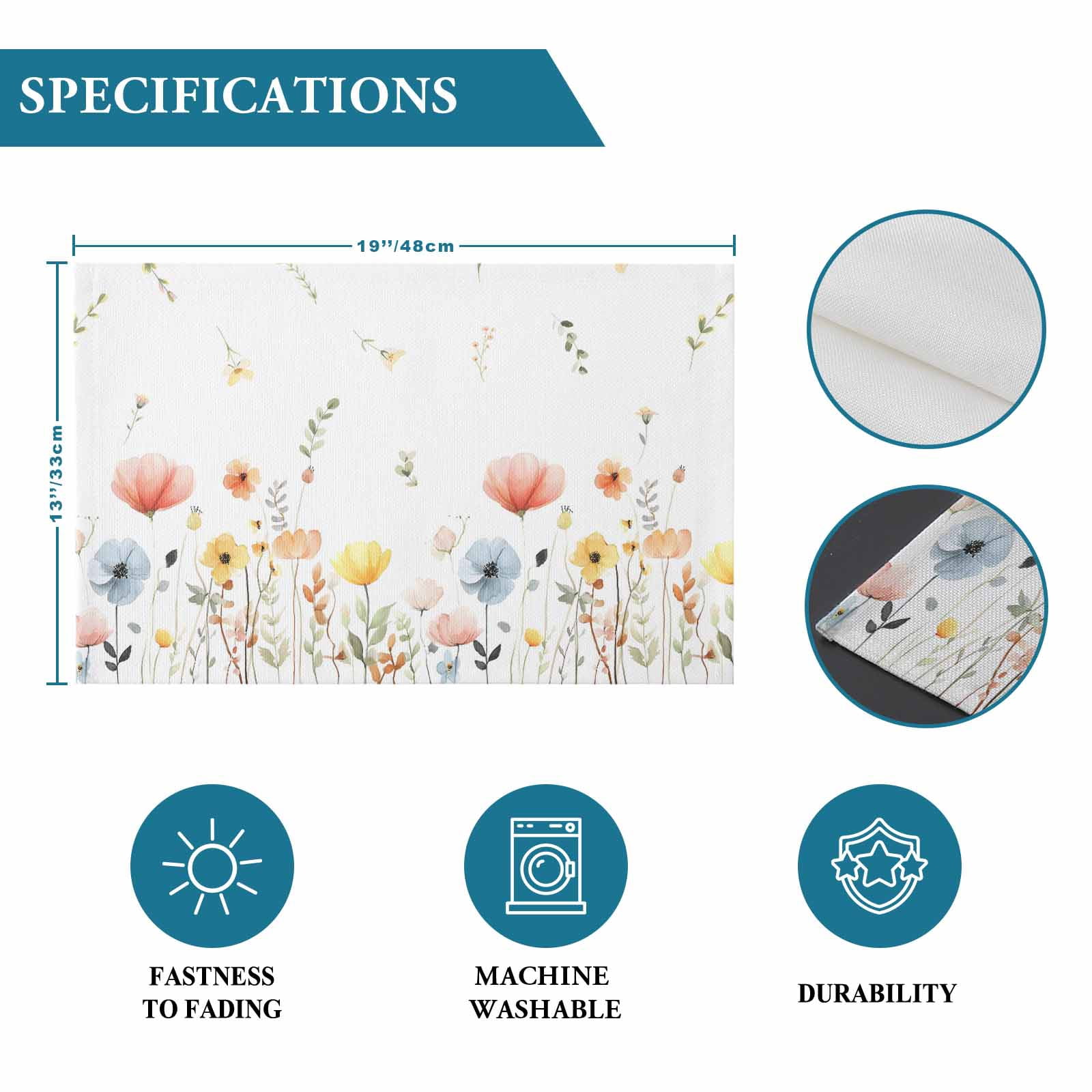 Spring Wildflowers Placemats Set of 4, Watercolor Rustic Flowers Floral Leaves Placemats for Dining Table, Place Mats for Kitchen Tabletop, Waterproof Wipeable Dining Table Mats Set