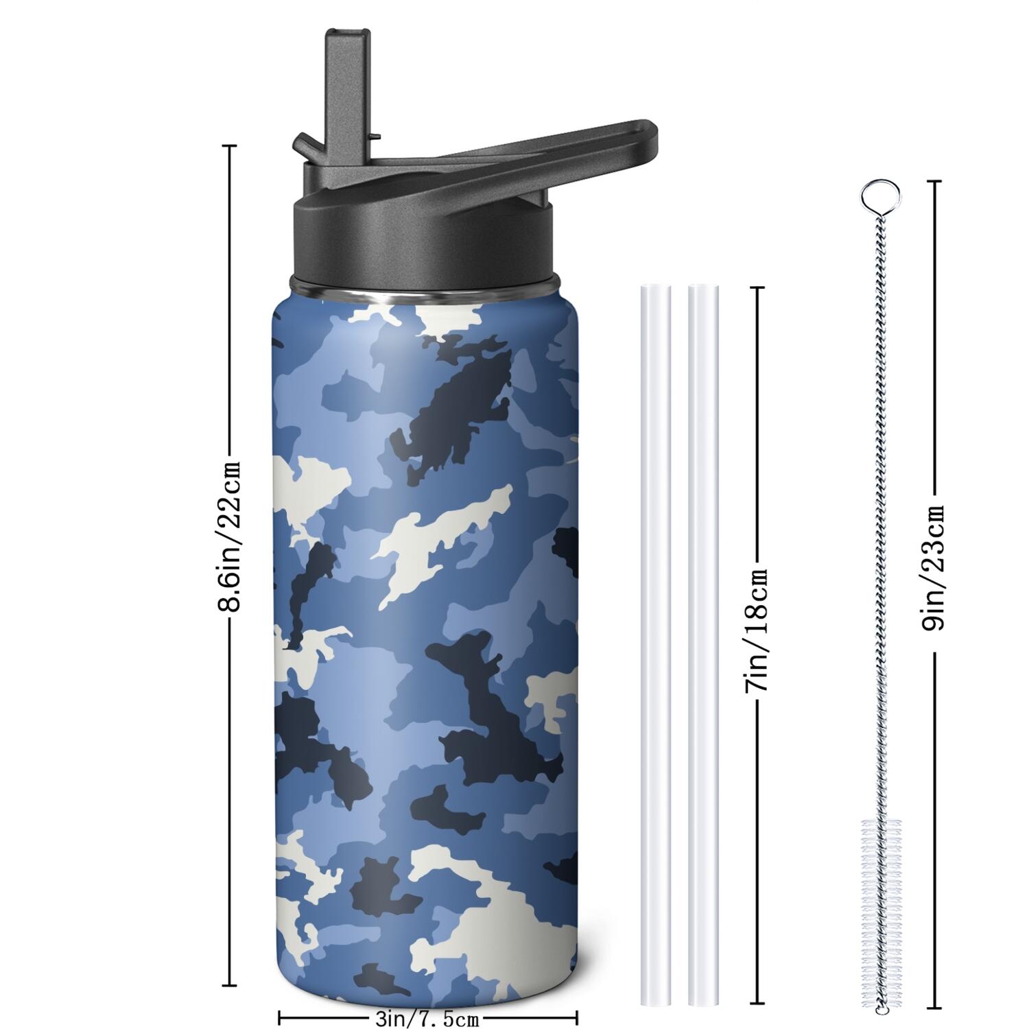 Camouflage Insulated Stainless Steel Water Bottle with Straw & Cleaning Brush – 18/32/40 Oz | Leakproof, BPA-Free, 304 Stainless Steel, Wide Mouth, Travel Mug for Car, Gym, Office