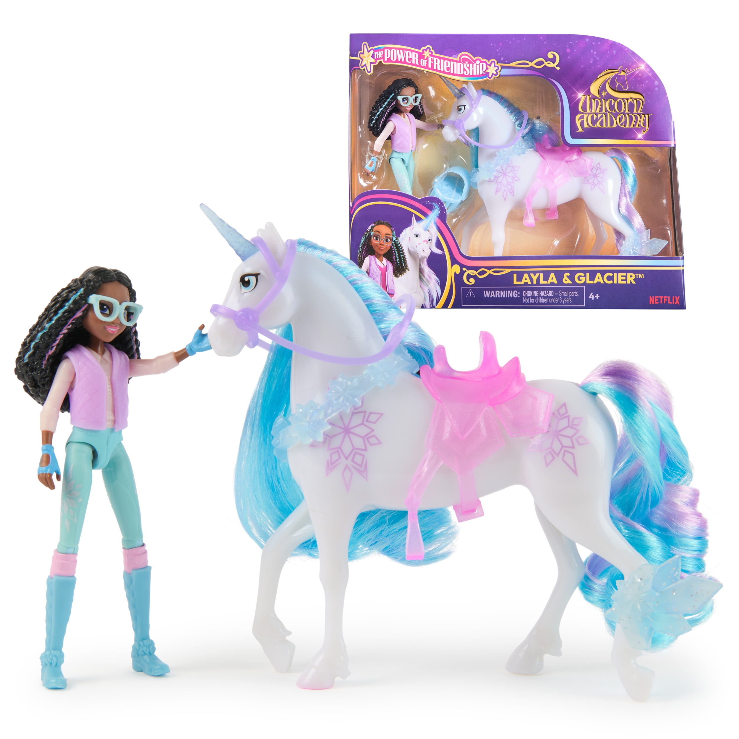 Unicorn Academy, Coffret Layla & Glacier Power of Friendship avec selle et 2 accessoires de pouvoir translucides, poupées et licornes pour filles à partir de 4 ans