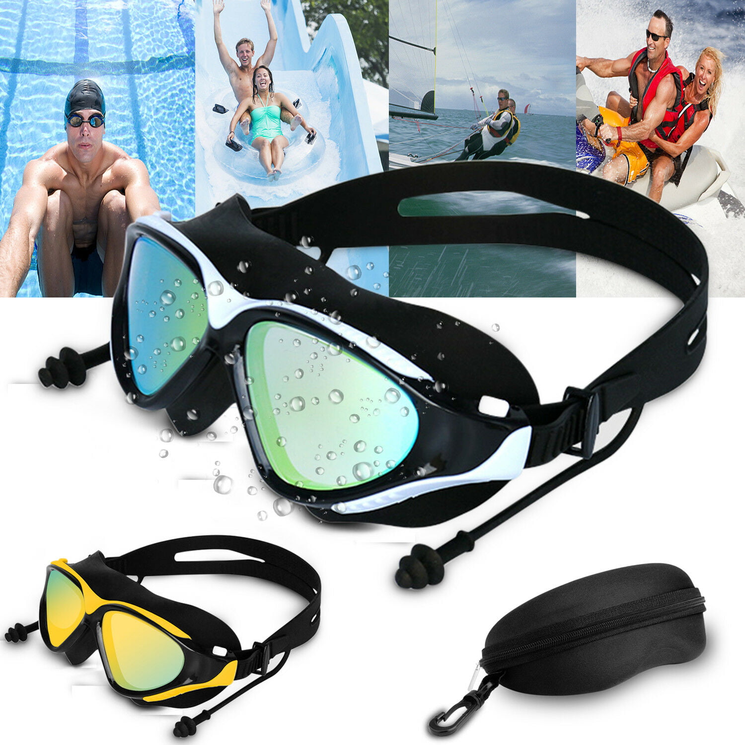 Anti-Fog Swimming Goggles Mirror Swim Glasses UV Protection with Ear Plug Adult 