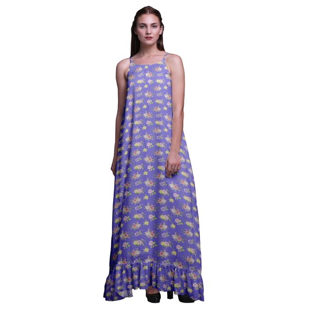 Bimba Nuisette Imprimée pour Femmes, Violet Moyen à Feuilles Florales et Roses Grandiflora, Robe Maxi à Bretelles Spaghetti, Vêtement de Nuit, Moyen