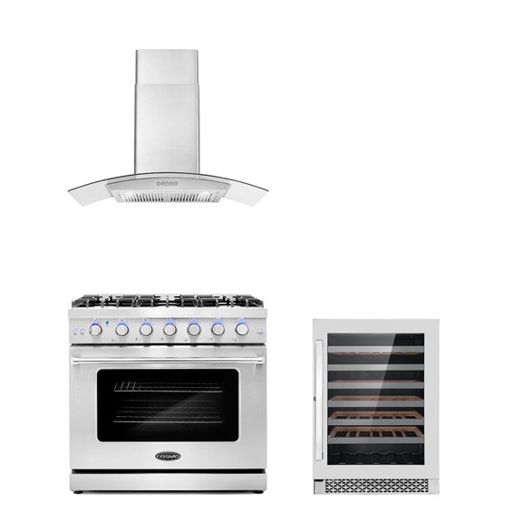 Cosmo 3 Piece Kitchen Appliance Packages with 36" Freestanding Gas Range Kitchen Stove 36" Wall Mount Range Hood & 48 Bottle Freestanding Wine Refrigerator Kitchen Appliance Bundles