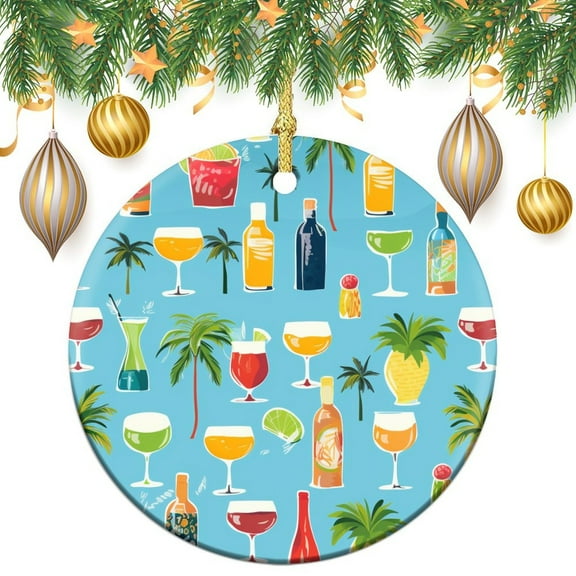 Ceramics Ornaments Happy Hour Somewhere Tropical Cocktail Beer Wine Christmas Ornament Keepsake Tropical Leaves&Flowers Xmas Holiday Keepsake Christmas Tree Decoration