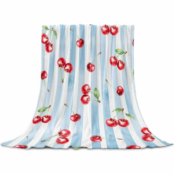 Cherry Farmhouse Flannel Blanket for Bed, Spring Summer Fruit Blue Striped Soft Cozy Warm Couch Throw Blanket, Lightweight Fluffy Plush Bedding Blankets for Sofa Decor All Season 60"x80"