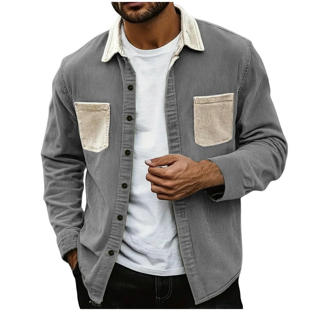 Plebaso Men's Corduroy Button down Shirts Long Sleeve Jacket Color Block Casual Shacket with Pockets