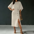 thumbnail image 6 of Women's Summer Two Piece Outfits Round Neck Batwing Sleeve Top High Waist Midi Skirts Button Summer Office Business Outfit Matching Sets for Women Khaki S, 6 of 7