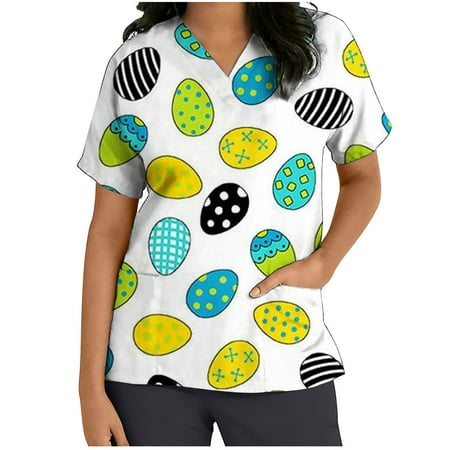 

Ecqkame Easter Scrubs Tops for Women Easter Eggs Bunny Rabbit Printed Working Uniform Blouse T-shirt Casual Short Sleeve V-neck Blouse Tops With Pocket Green L on Clearance