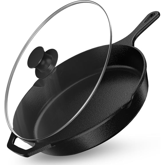 Utopia Kitchen Cast Iron Skillet 12 Inch with Lid Chefs Frying Pan Black | Chefs Pan, Pre Seasoned Skiller, Indoor and Outdoor Use, Grill Safe Cookware, Even Heat Distribution, Durable