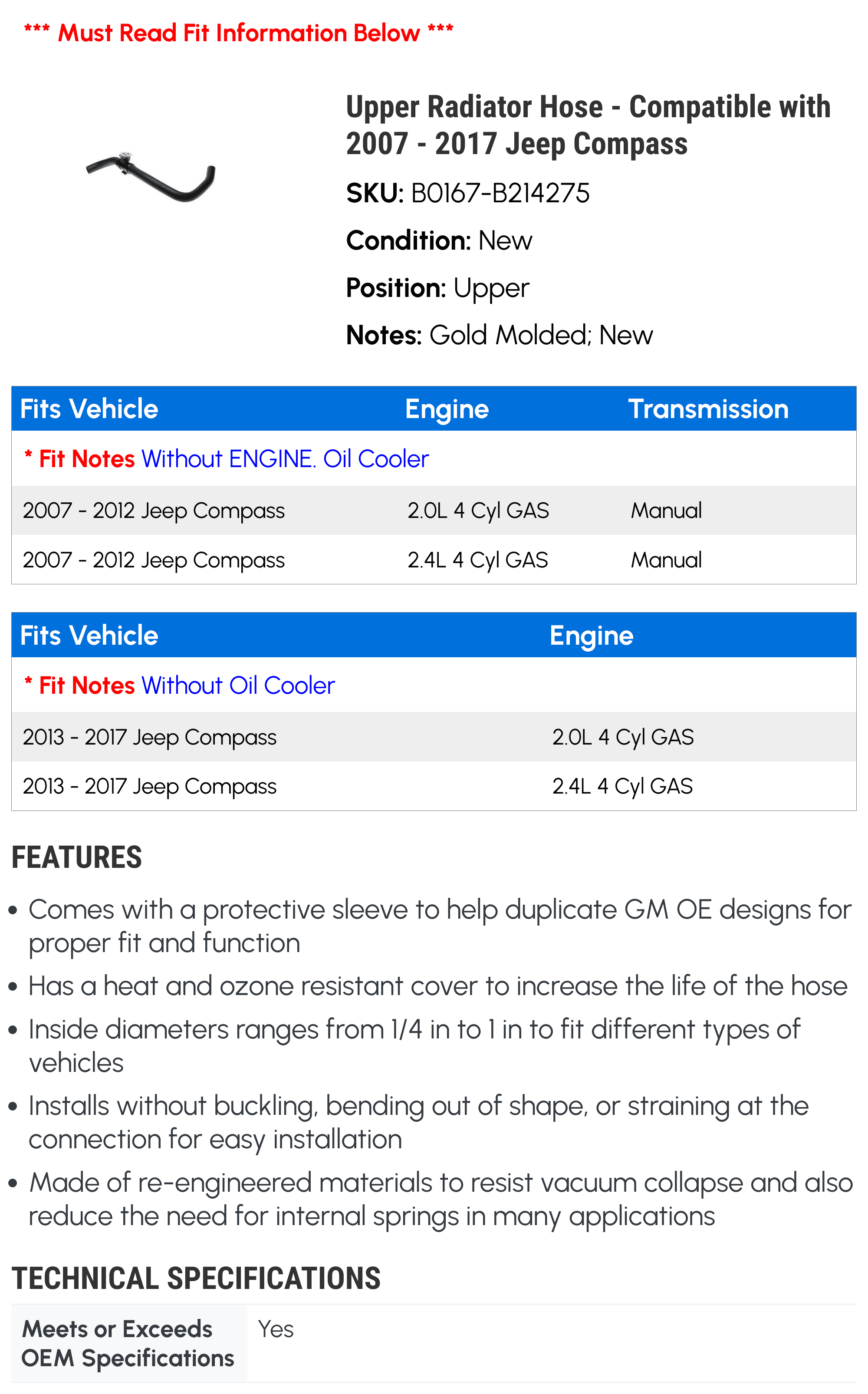 Upper Radiator Hose - Compatible with 2007 - 2017 Jeep Compass 2008 2009 2010 2011 2012 2013 2014 2015 2016