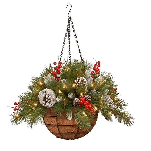 GARDVORA Artificial Christmas Hanging Basket With Lights Decorations Pre-Lit Artificial Christmas Kissing Ball,Green,Crestwood Spruce,Dec