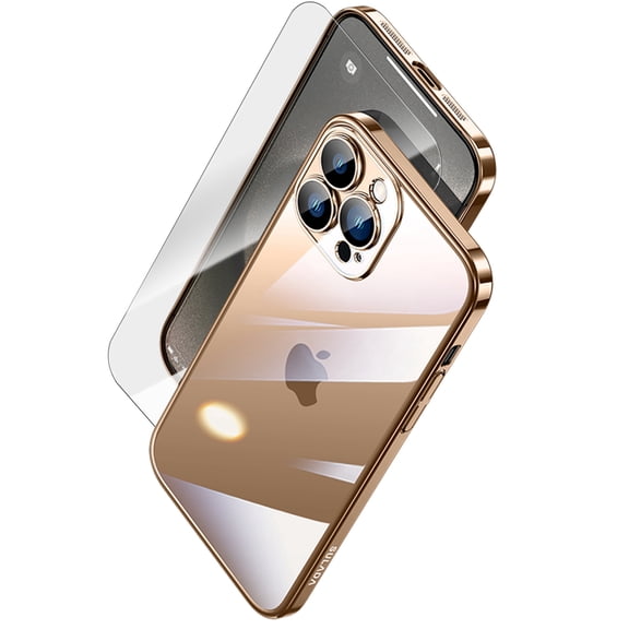 ShellTech Clear Case with Screen Protector for iPhone 16 Plus,Shockproof TPU PC Case Built-in Full Camera Lens Protection Slim Transparent Back Cover for iPhone 16 Plus,Titanium Gold