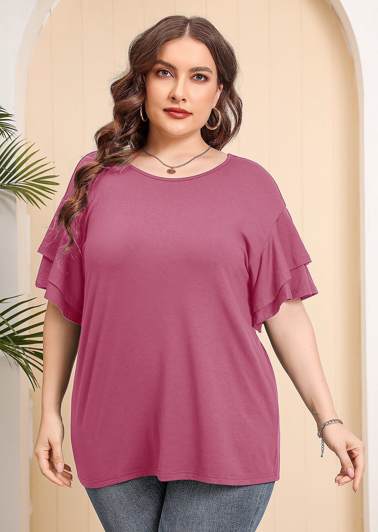 SHOWMALL Plus Size Clothes for Women Double Ruffle Short Sleeve