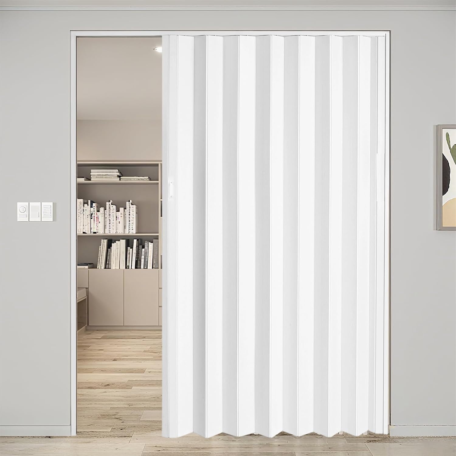 60"x80" White PVC Accordion Style Door - Space Efficient Sliding System for Bedrooms & Walk-In Closets