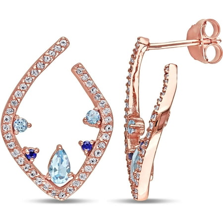 1.3 Carat T.G.W. Blue Topaz and Sapphire with White Topaz Pink Rhodium-Plated Sterling Silver Fashion Earrings