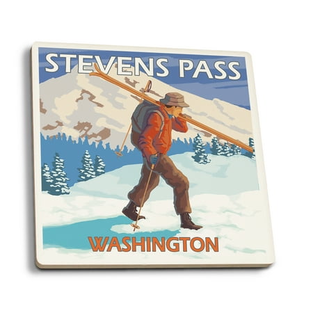 

Stevens Pass Washington Skier Carrying Snow Skis (Absorbent Ceramic Coasters Set of 4 Matching Images Cork Back Kitchen Table Decor)