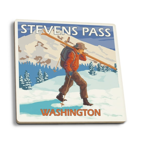 Stevens Pass, Washington, Skier Carrying Snow Skis (Absorbent Ceramic Coasters Set of 4 Matching Images, Cork Back, Kitchen Table Decor)