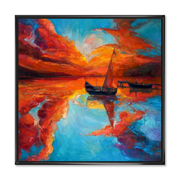 Little Boat During Warm Deep Red Evening Glow 16 in x 16 in Framed Painting Canvas Art Print, by Designart