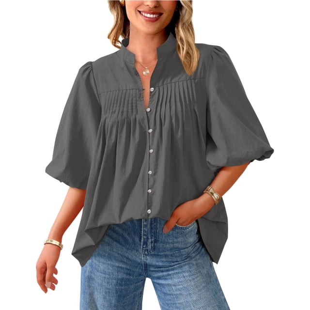 Blusa PRETTYGARDEN para mujer, verano 2025, manga corta, gris