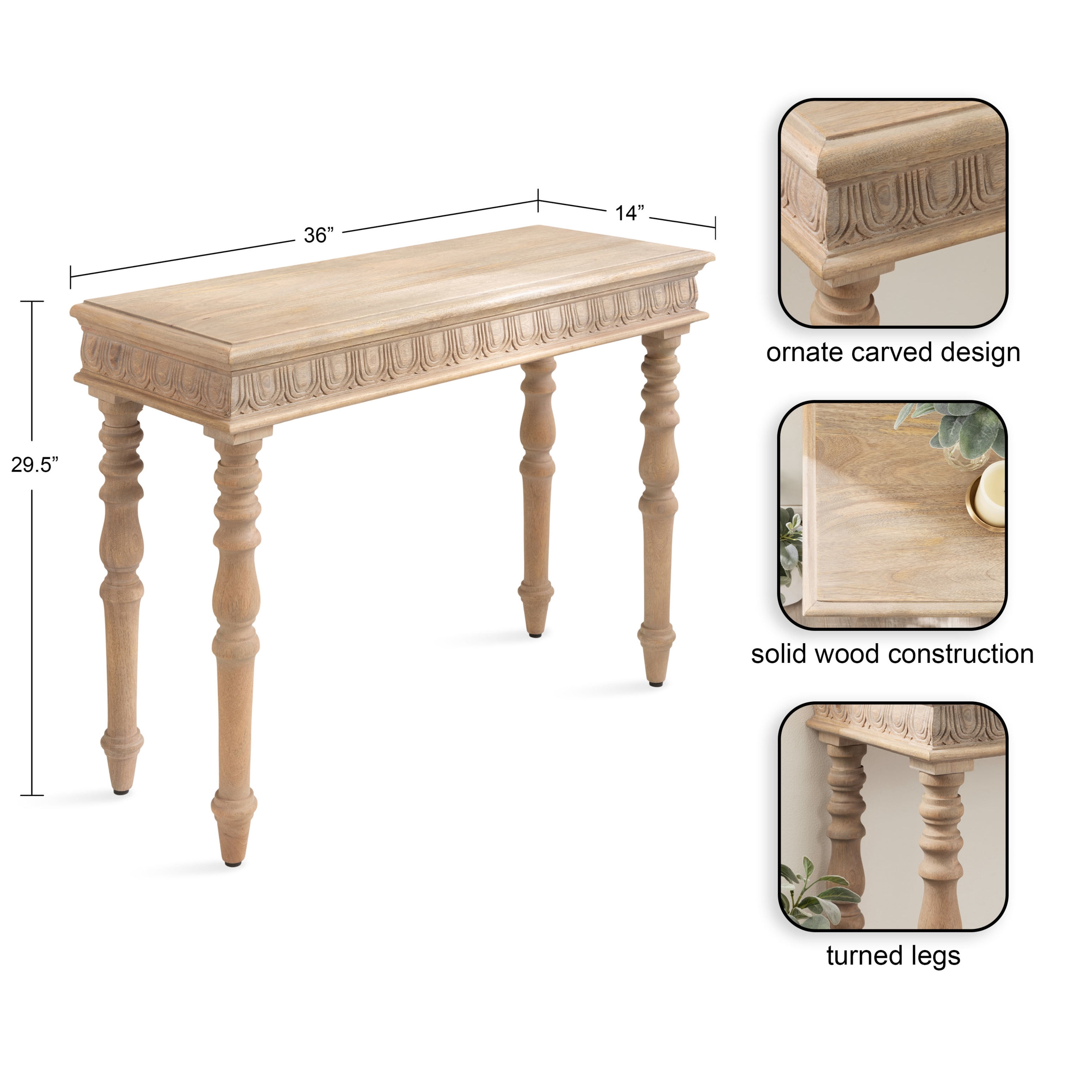 Kate and Laurel Patresa Traditional Carved Wood Console Table, 36 x 30 x 14, Natural, Decorative Rectangle Entryway Table with Wooden Carving Details and Turned Legs