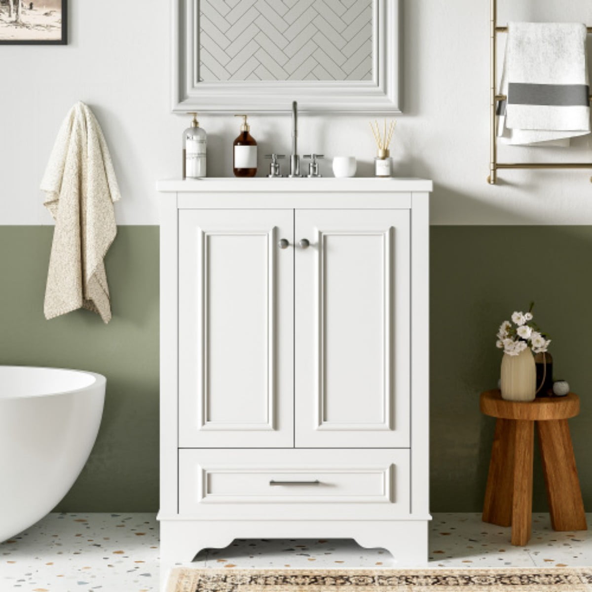 24" Bathroom Vanity with Ceramic Sink, Freestanding Bathroom Cabinet with Storage, Soft Close Doors, Adjustable Shelf, Silver Handles, White