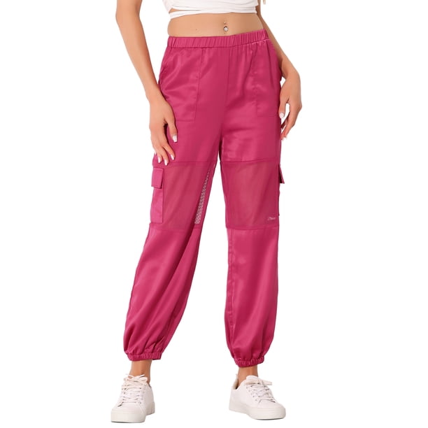 Pantalones Cargo Elásticos de Malla para Mujer de Cintura Alta y Transparente en Color Rosa Fucsia