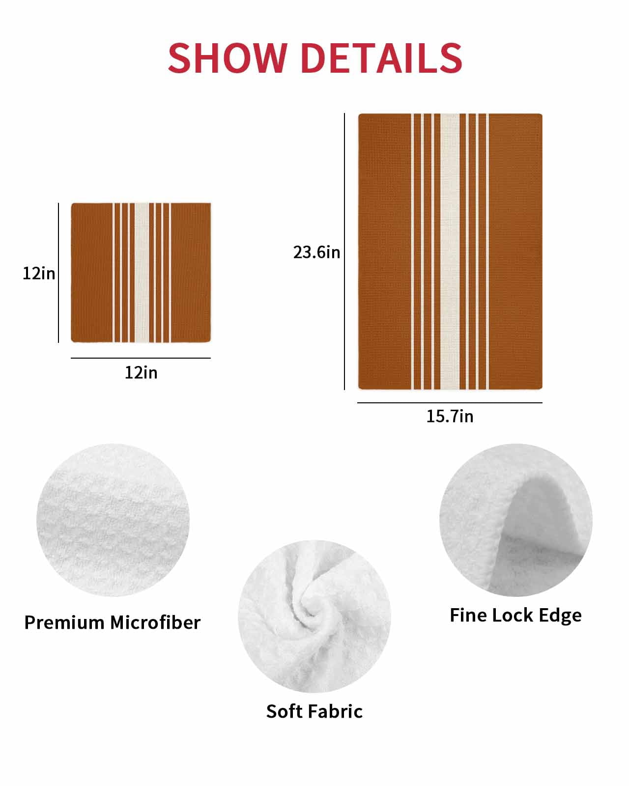 Burnt Orange Beige Striped Kitchen Dish Towels for Drying Dishes Set of 3, Modern Farmhouse Retro Lines Waffle Weave Microfiber Hand Tea Bathroom Towels Quick Dry & Absorbent Towel 12x12
