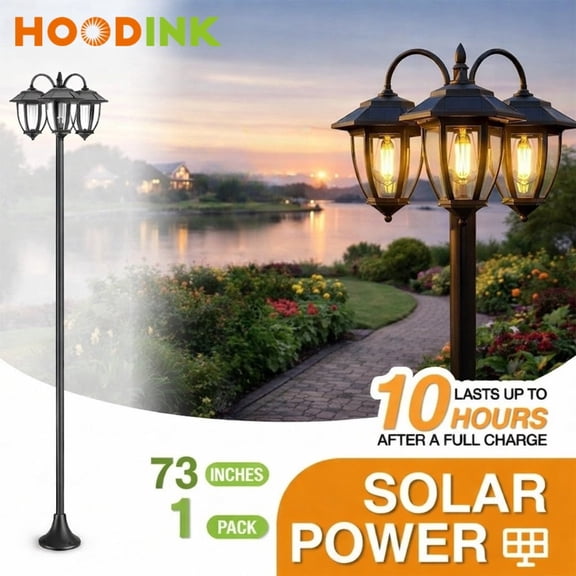 HOODINK 73" Aluminum Solar Lamp Post Light, 3-Head Solar Light Posts for Outside Waterproof, 90Lm Outdoor Lamps for Patio, Backyard, Front Porch Decor, Warm White, Replaceable Bulb