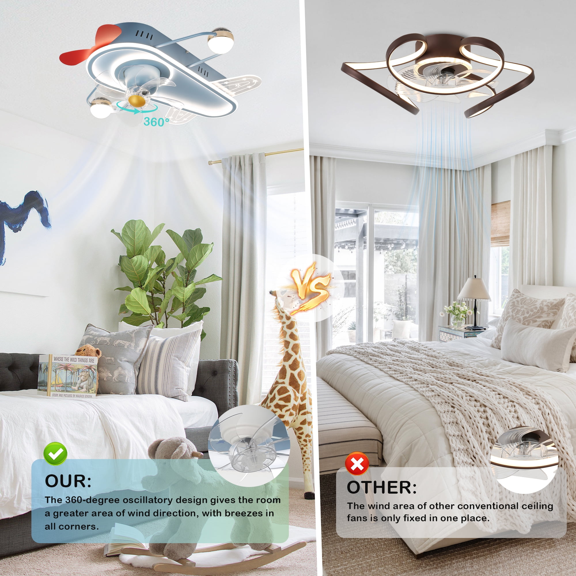Cusp Barn 26 Inch Creative Plane aircraft Ceiling Fan With LED Light, Low Profile Flush Mount Ceiling Fan with Remote APP Control for Kids Bedroom