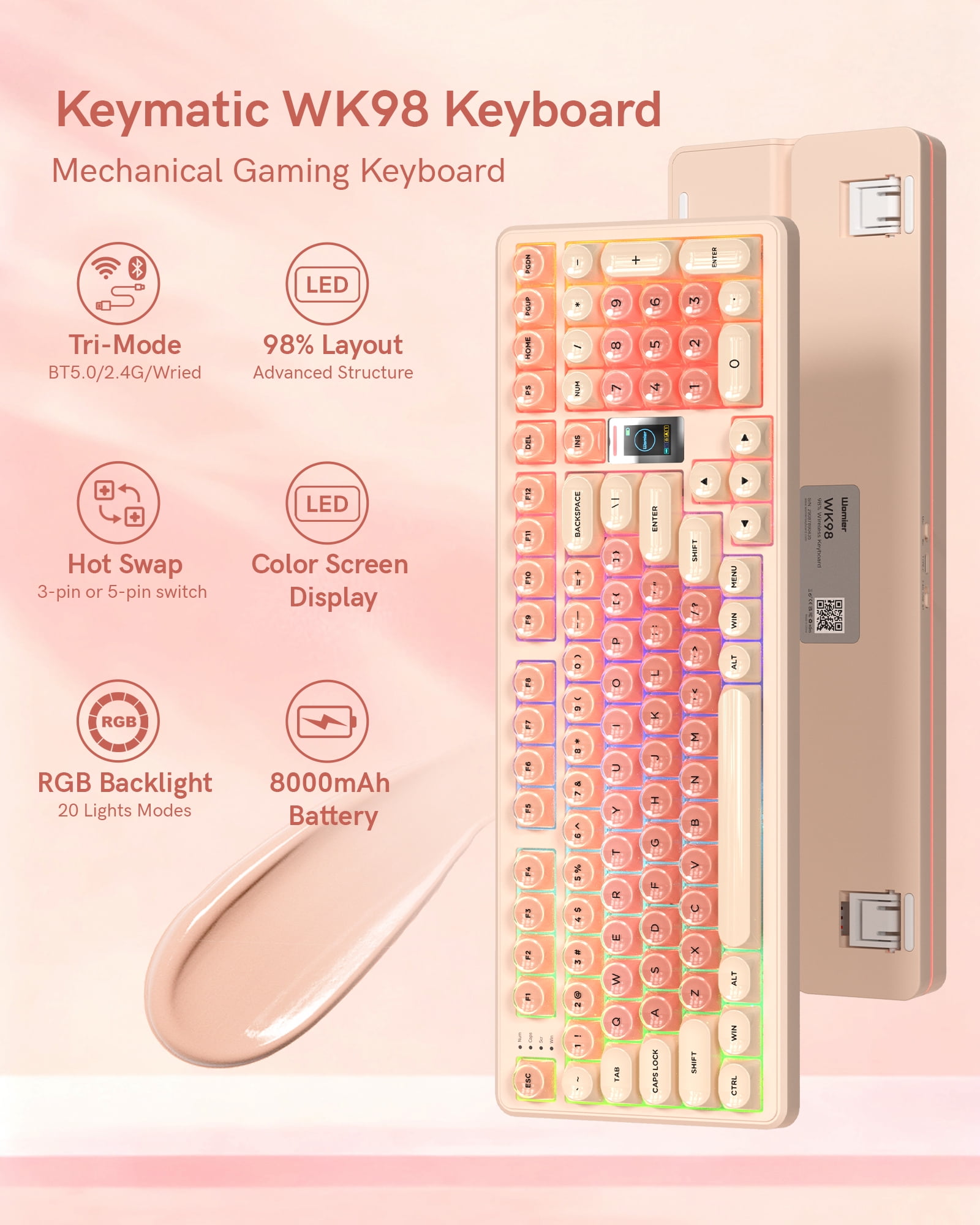 COSTOM Wireless Mechanical Keyboard, 98% Hot Swappable Custom Keyboards Gaming Keyboard,3 Mode with Multimedia Screen,RGB Backlit,Crystal Jelly keycaps for Win/Mac,Pink