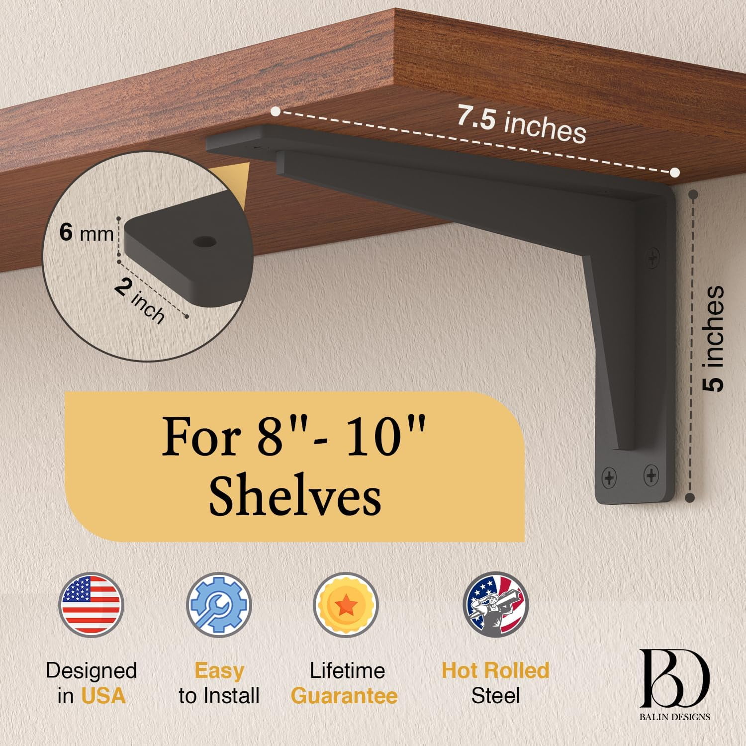 Heavy Duty Metal Shelf Brackets for 8", 10” & 12" Shelves Pack of 2 – Designer Fireplace Mantel Brackets for Granite Countertop - L Brackets for Shelves Easy to Install - Hardware Included