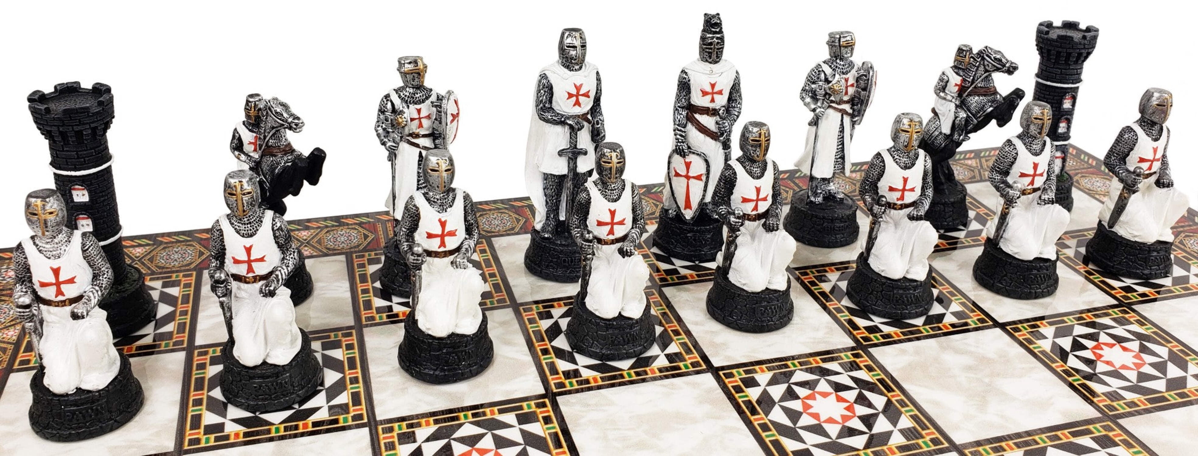 Medieval Times Crusades Red White Maltese Knight Chess Set 17" Mosaic Color BD